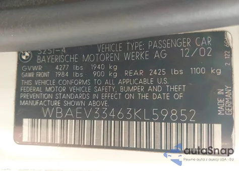 2003 BMW 325 z USA, uszkodzony, nr VIN WBAEV33463KL59852